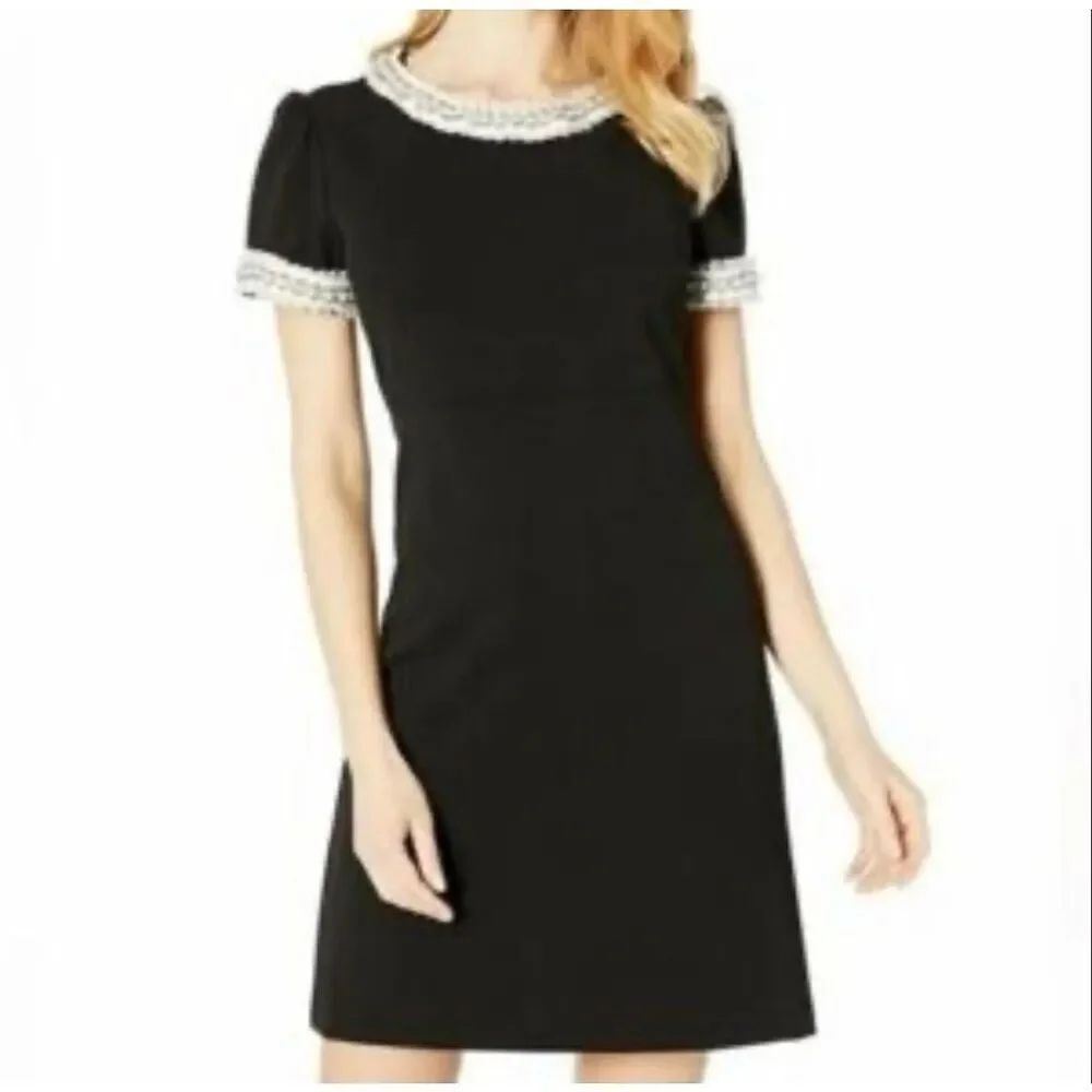 Betsey Johnson Black Pearl Embellished Short Sleeve Sheath Dress Size 14
